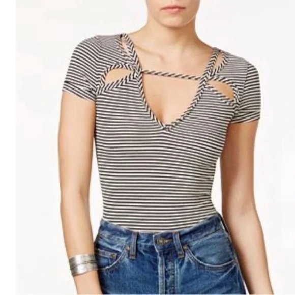 Free People Frenchie Striped Cutout Knit Tee Black/Ivory Small - Picture 8 of 8